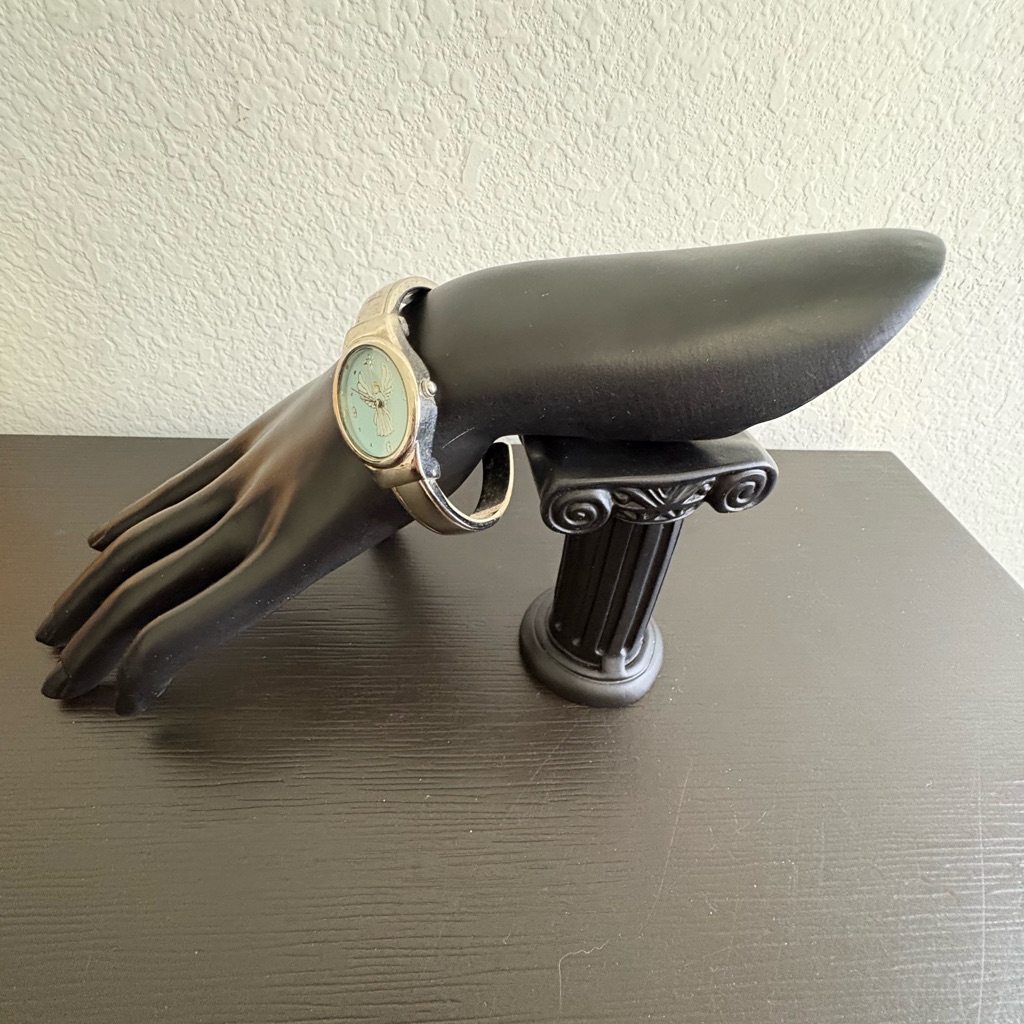 Avon Guardian Angel Cuff Bracelet Watch Blue Dial Stainless Steel Preowned